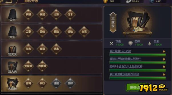 《铜雀三国》主城爵位
